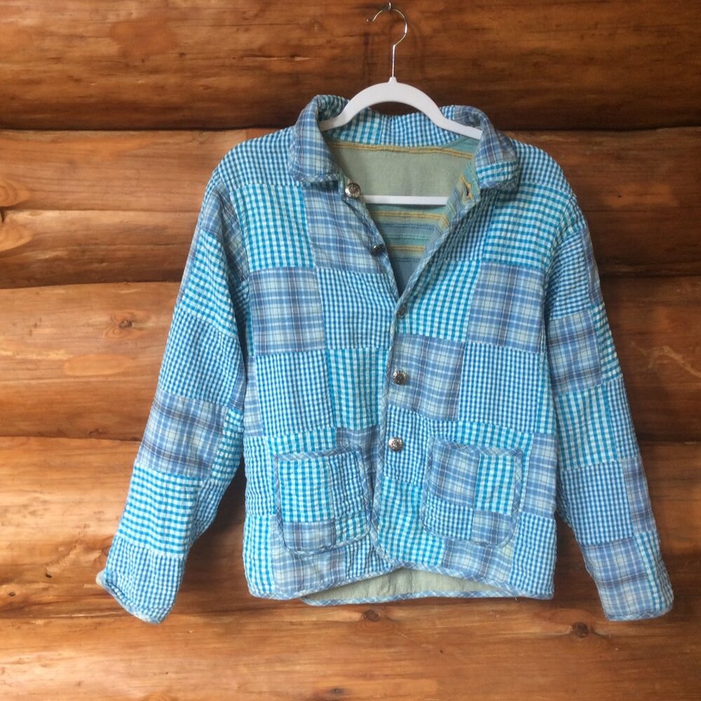 Parsley & Sage Blue & White Patchwork Gingham Reversible Jacket Size Small